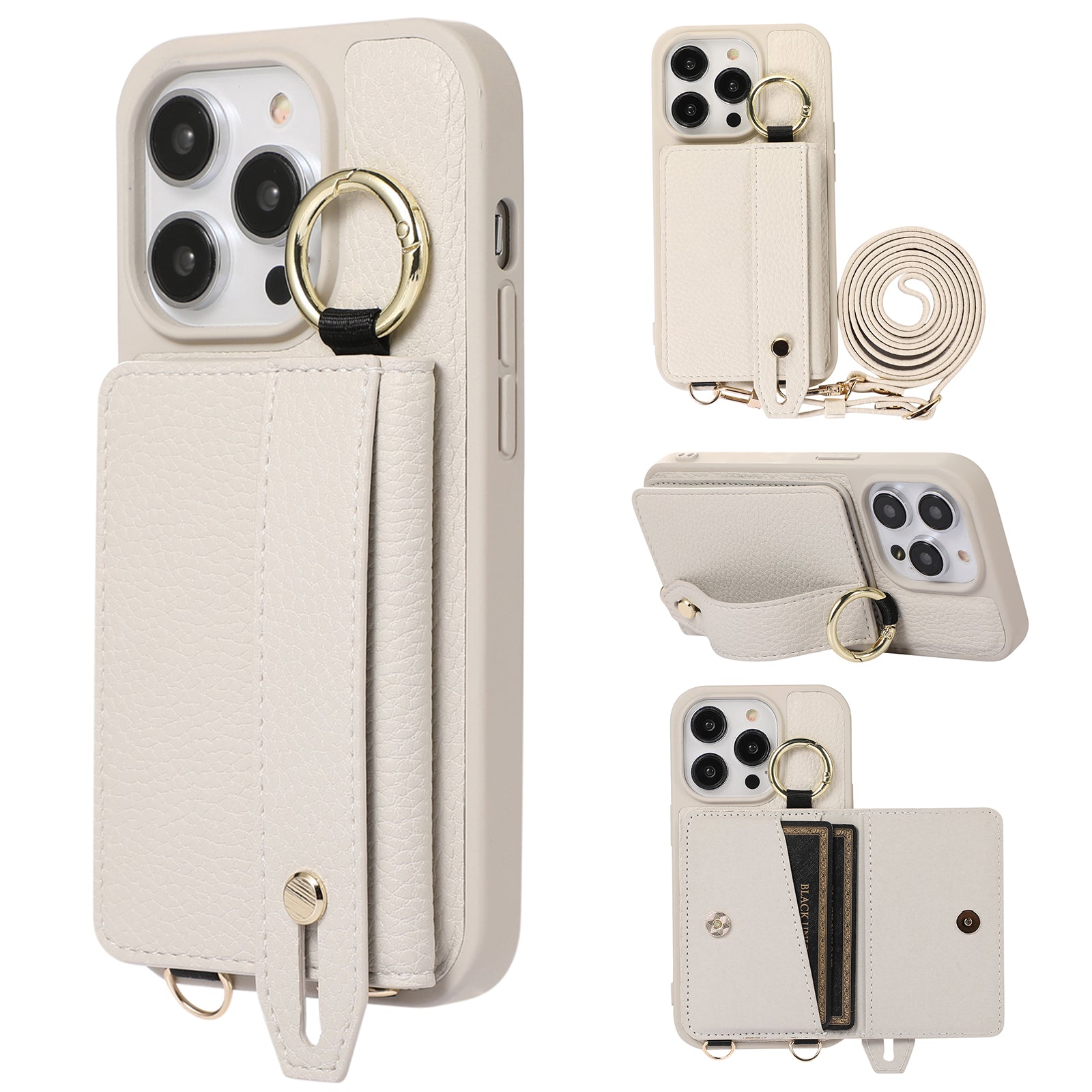 For iPhone 14 Pro Card Holder Phone Cover Hand Strap Kickstand Leather TPU Case with Shoulder Strap For iPhone 14 Pro Card Holder Phone Cover Hand Strap Kickstand Leather TPU Case with Shoulder Strap